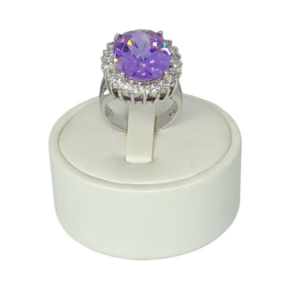 Large  Purple Crystal 925 Sterling Silver Cocktail Ring Sz 8 Statement Bold - Picture 7 of 16